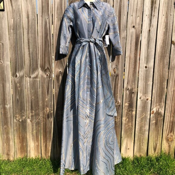 Rickie Freeman for Teri Jon NWT 6 Jacquard Metallic Abstract Dress Gown Blue - Picture 7 of 15